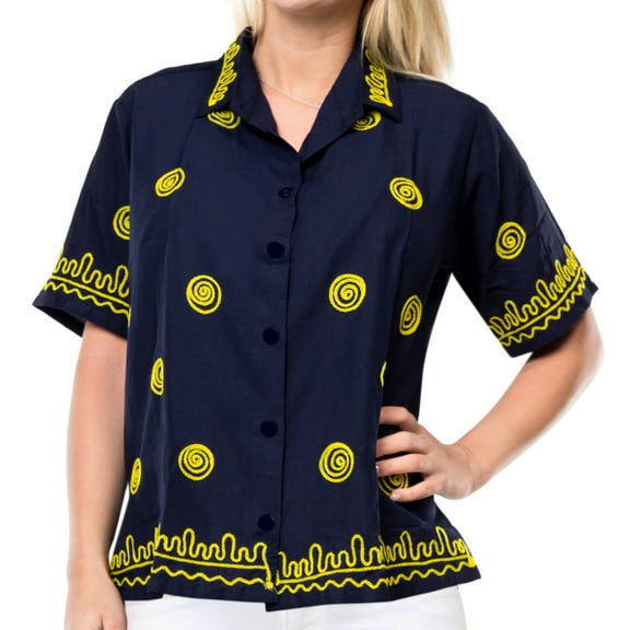 HAPPY BAY Women's Casual Hawaiian Blouse Shirt Solid Blouses Button Down Short Sleeve Dress Tops Tee Shirts Dresses for Women S plus-size Sapphire, Circle