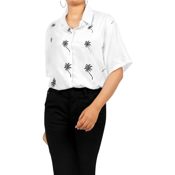 HAPPY BAY Women's Casual Hawaiian Blouse Shirt Solid Blouses Button Up Short Sleeve Dress Tops Tee Shirts T Shirts for Women L plus-size Snow White, Palm Tree