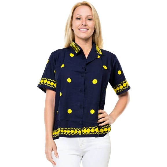HAPPY BAY Women's Casual Hawaiian Blouse Shirt Solid Blouses Short Sleeve Dress Tops Tee Button Up Shirts for Women S plus-size Midnight, Polka Dots