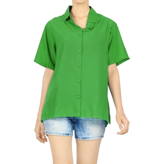 HAPPY BAY Women's Casual Hawaiian Blouses Shirt Blouse Short Sleeve Button Down Dress Tops Tee Shirts Dresses for Women L Solid Dye, Autumn Green