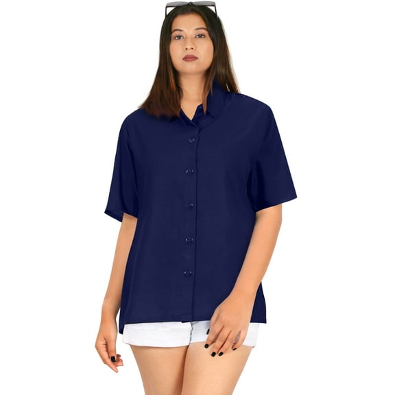 HAPPY BAY Women's Casual Hawaiian Blouses Shirt Blouse Short Sleeve Dress Tops Tee Button Down Shirts for Women M Solid, Navy Blue