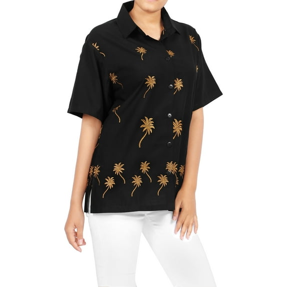 HAPPY BAY Women's Casual Hawaiian Blouses Shirt Blouse Short Sleeve Dress Tops Tee Button Up Shirts for Women S Palm Tree, Black