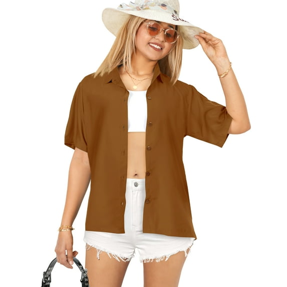 HAPPY BAY Women's Casual Hawaiian Blouses Shirt Dressy Blouse Short Sleeve Button Down Dress Tops Tee Shirts T Shirts for Women M Solid, Autumn Brown