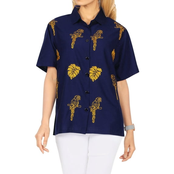 HAPPY BAY Women's Casual Hawaiian Short Sleeve Blouse Shirt Solid Blouses Button Up Dress Tops Tee Shirts Dresses for Women M Dark Indigo_AD590