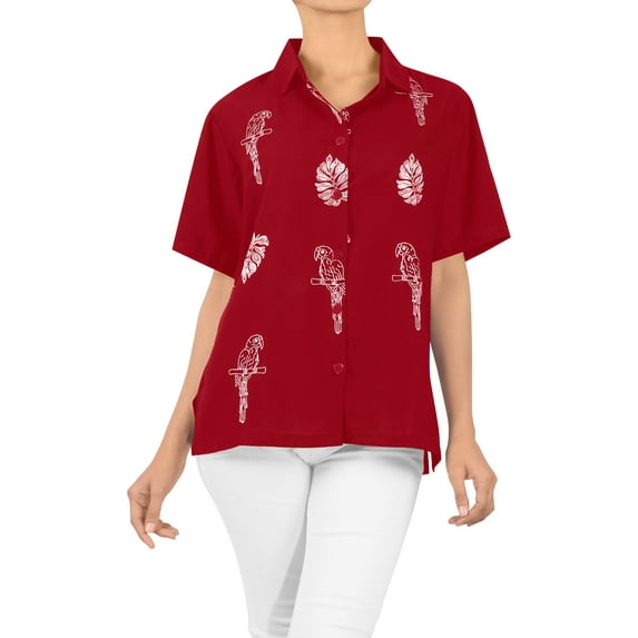 HAPPY BAY Women's Casual Hawaiian Short Sleeve Blouse Shirt Solid Blouses Button Up Dress Tops Tee Shirts T Shirts for Women L Red, Parrot