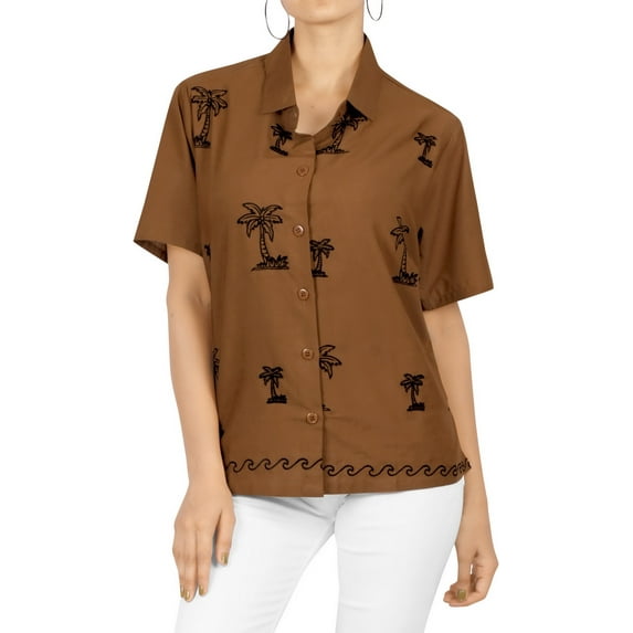 HAPPY BAY Women's Casual Hawaiian Short Sleeve Blouse Shirt Solid Blouses Dress Tops Tee Button Down Shirts for Women L plus-size Brown, Embroidery