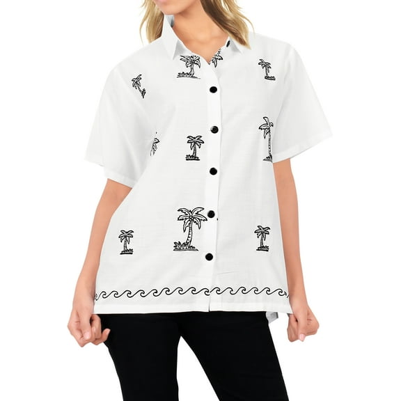 HAPPY BAY Women's Casual Hawaiian Short Sleeve Blouse Shirt Solid Button Down Dress Tops Tee Shirts Blouses for Women M plus-size Pearl, Palm Tree