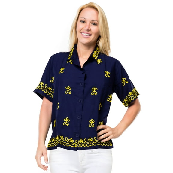 HAPPY BAY Women's Casual Short Sleeve Blouse Shirt Solid Blouses Button Down Dress Tops Tee Hawaiian Shirts for Women S plus-size Dark Indigo_AD546