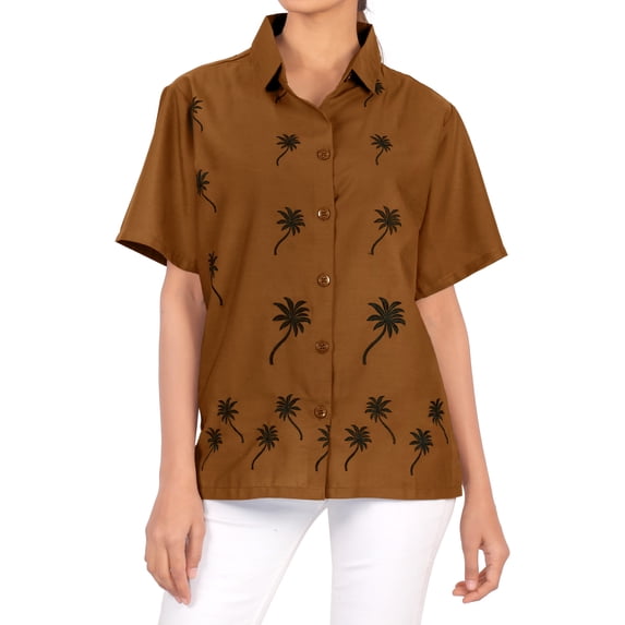 HAPPY BAY Women's Casual Short Sleeve Blouse Shirt Solid Blouses Button Down Dress Tops Tee Shirts Hawaiian T Shirt for Women S Coffee, Palm Tree