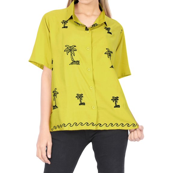 HAPPY BAY Women's Casual Short Sleeve Blouse Shirt Solid Blouses Button Up Dress Tee Shirts Hawaiian Tops for Women S plus-size Mustard_X520