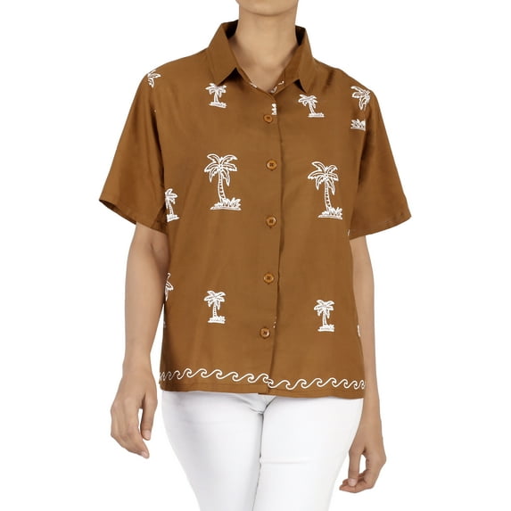 HAPPY BAY Women's Casual Short Sleeve Blouse Shirt Solid Blouses Button Up Dress Tops Tee Shirts Hawaiian Dresses for Women XL plus-size Brown_X519