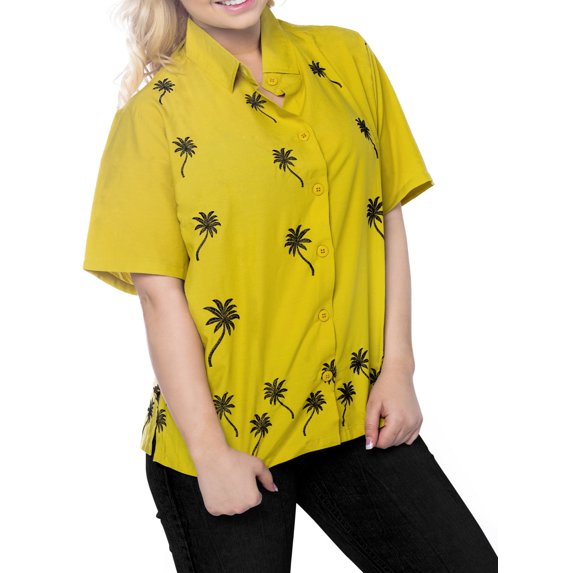 HAPPY BAY Women's Casual Solid Hawaiian Blouse Shirt T-Shirt Blouses Button Up Short Sleeve Dress Tee Shirts Tops for Women L Medallion, Palm Tree