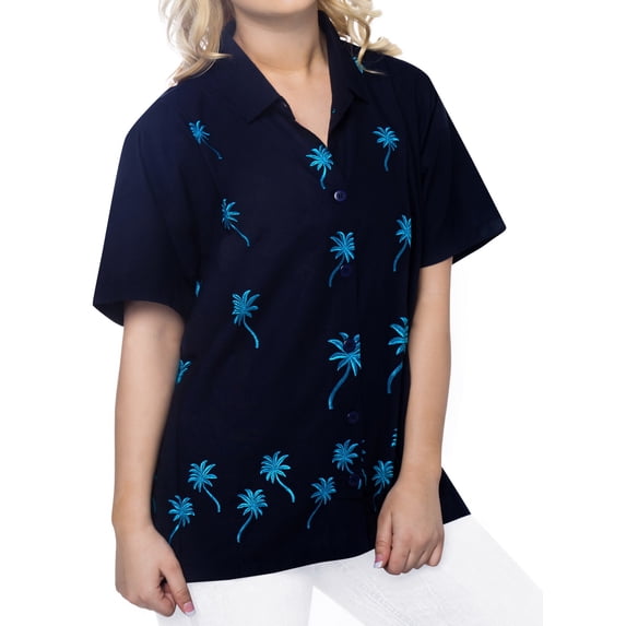 HAPPY BAY Women's Casual Solid Hawaiian Blouse Shirt T-Shirt Blouses Short Sleeve Button Up Dress Tee Shirts Tops for Women S Midnight Sky_AD556