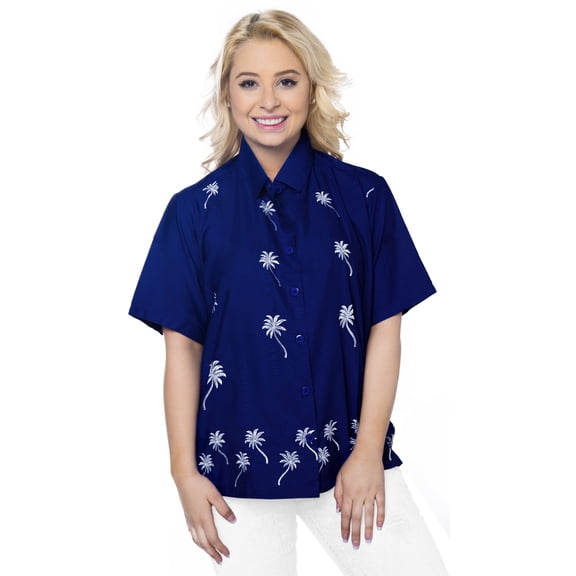 HAPPY BAY Women's Casual Solid Hawaiian Blouse Shirt V Neck Blouses Button Up Short Sleeve Dress Tops Tee Shirts for Women S plus-size Cobalt, Palm Tree