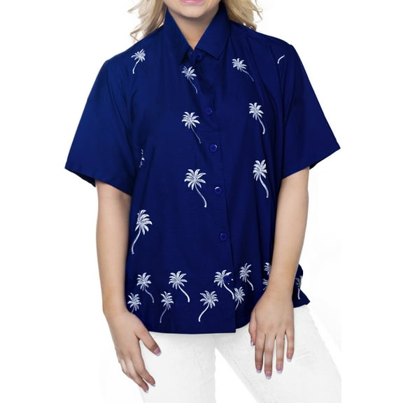 HAPPY BAY Women's Casual Solid Hawaiian Blouse Shirt V Neck Blouses Button Up Short Sleeve Dress Tops Tee Shirts for Women S Cobalt, Palm Tree
