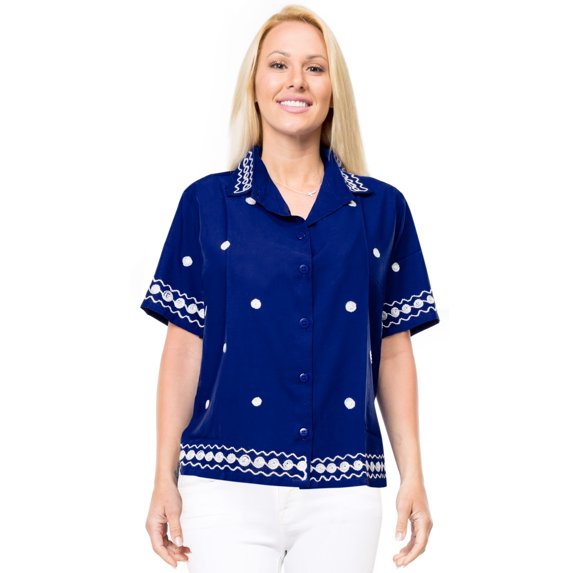 HAPPY BAY Women's Casual Solid Hawaiian Blouse Shirt V Neck Blouses Short Sleeve Button Up Dress Tops Tee Shirts for Women L plus-size Cobalt_AD552