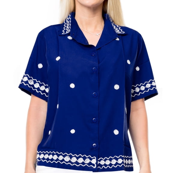 HAPPY BAY Women's Casual Solid Hawaiian Blouse Shirt V Neck Blouses Short Sleeve Button Up Dress Tops Tee Shirts for Women S plus-size Cobalt_AD552