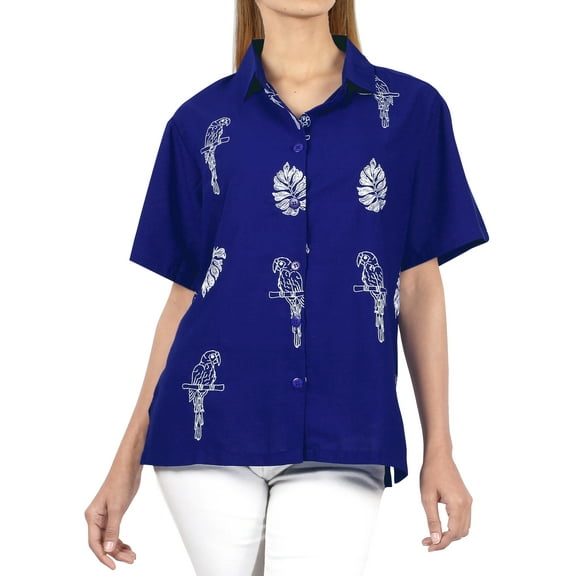 HAPPY BAY Women's Casual Solid Hawaiian Short Sleeve Blouse Shirt T-Shirt Blouses Button Up Dress Tee Shirts Tops for Women L Lapis, Parrot