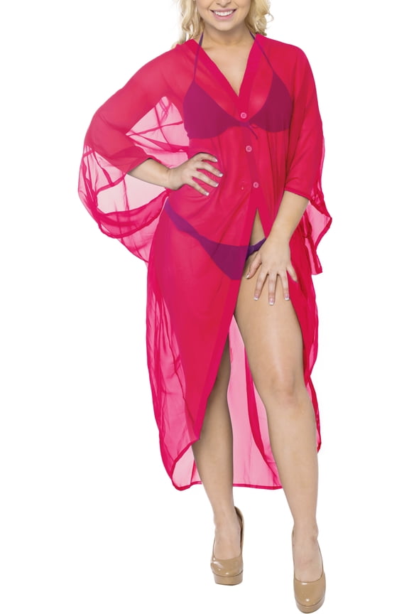 Women's Chiffon Beach Solid Sheer Button Down Kimono Bathing Suit Cover up Casual Summer Beachwear Duster Cardigan Kimonos for Women 3X-4X Fuscia, Solid