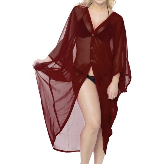 HAPPY BAY Women's Chiffon Beach Solid Sheer Button Down Kimono Bathing Suit Cover up Casual Summer Beachwear Duster Cardigan Kimonos for Women 3X-4X Garnet, Solid