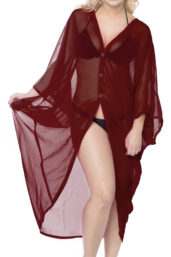 Women's Chiffon Beach Solid Sheer Button Down Kimono Bathing Suit Cover up Casual Summer Beachwear Duster Cardigan Kimonos for Women 3X-4X Garnet, Solid
