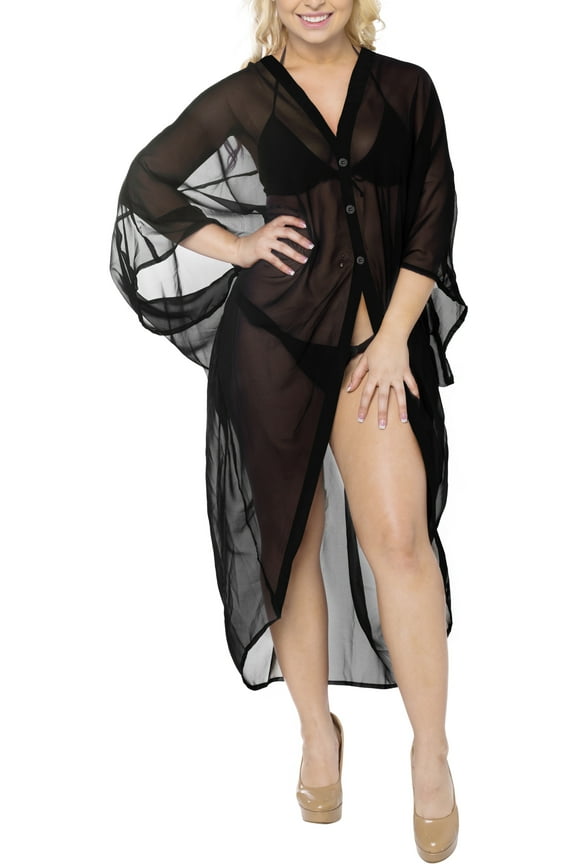 Women's Chiffon Beach Solid Sheer Button Down Kimonos Swimsuit Cover up Casual Summer Kimono Beachwear Duster Cardigans for Women 3X-4X Black, Solid