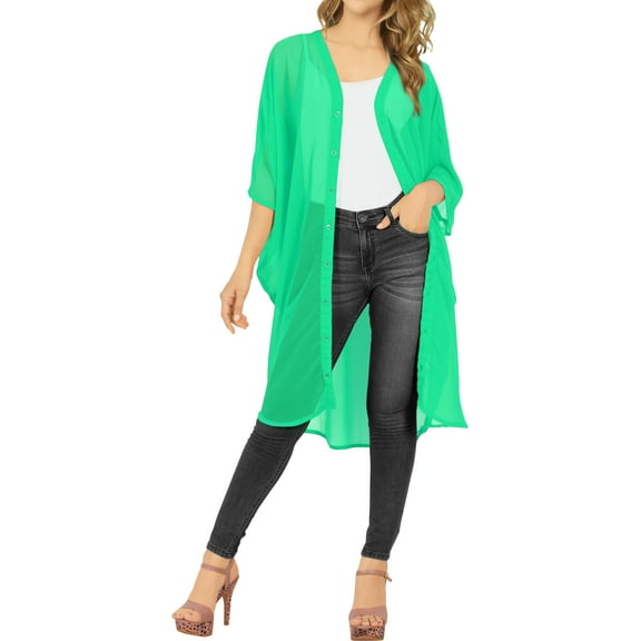 HAPPY BAY Women's Chiffon Solid Sheer Beach Button Down Kimono Swimwear Cover ups Casual Summer Kimonos for Women Beachwear Duster Cardigan 2X-3X Shamrock Forest, Plain