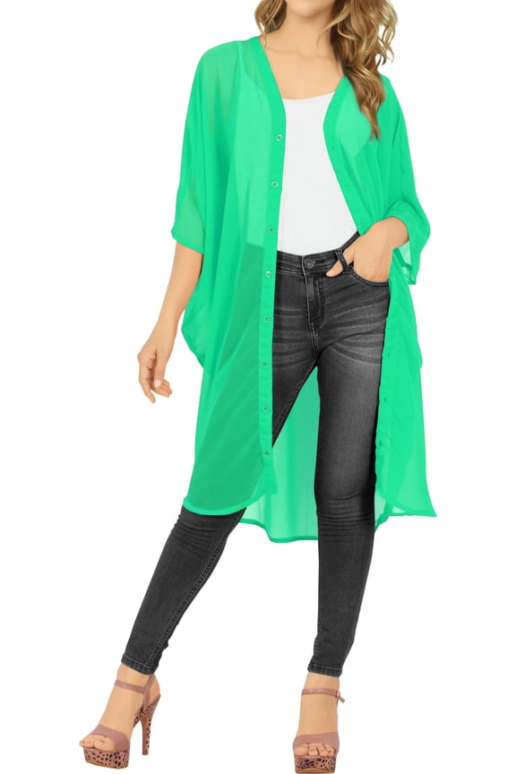 Women's Chiffon Solid Sheer Beach Button Down Kimono Swimwear Cover ups Casual Summer Kimonos for Women Beachwear Duster Cardigan 2X-3X Shamrock Forest, Plain