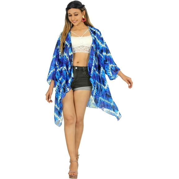 HAPPY BAY Women's Chiffon Summer Beach Loose Casual Beachwear Cover Top Dress Duster Kimono L-XL Cobalt, Aztec