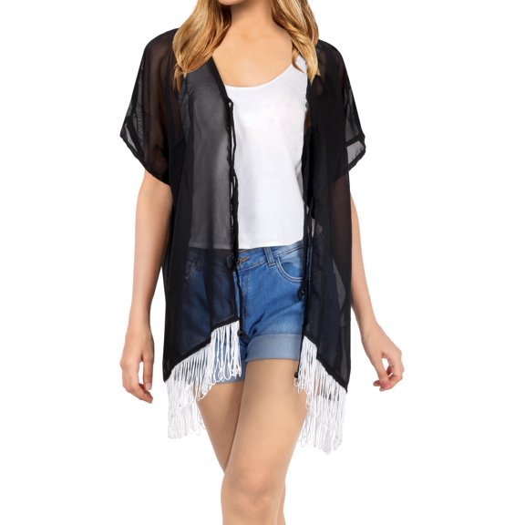 HAPPY BAY Women's Chiffon Summer Beach Open Front Holiday Kimono Beachwear Duster Cardigans XL-XXL Jet Black_AB738