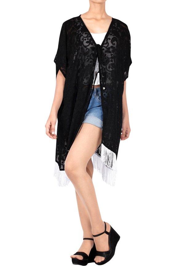 Women's Chiffon Summer Beach Open Front Holiday Kimono Beachwear Duster Cardigans XL-XXL Squid Ink_AB733