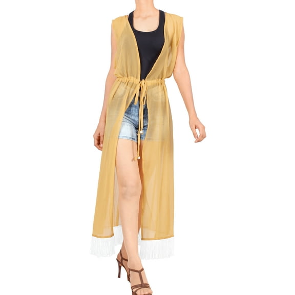 HAPPY BAY Women's Chiffon Summer Beach Open Front Lightweight Beachwear Duster Kimono Cardigan M-L Beige_AB873