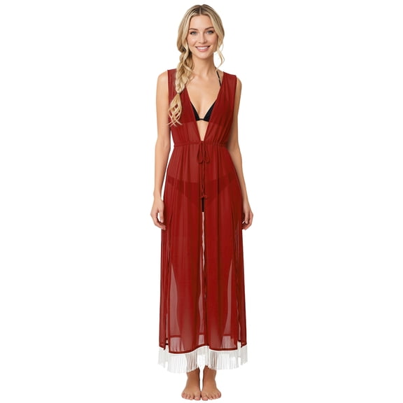 HAPPY BAY Women's Chiffon Summer Beach Open Front Lightweight Beachwear Duster Kimono Cardigan for Women M-L Red_AB883