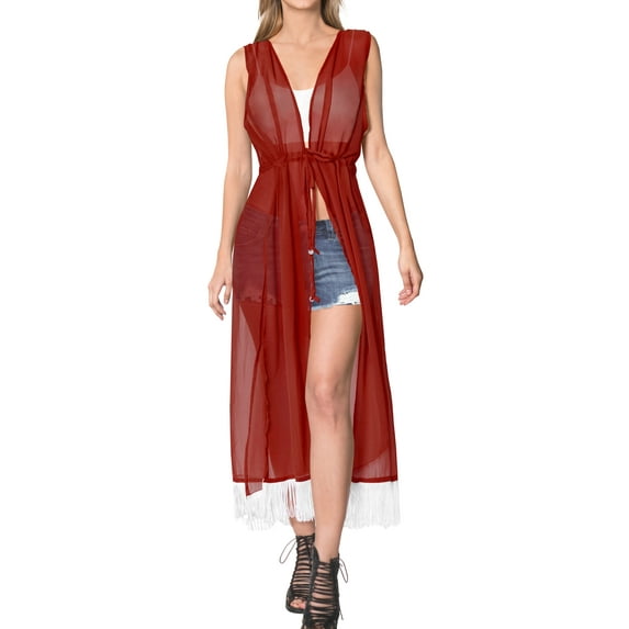 HAPPY BAY Women's Chiffon Summer Beach Open Front Lightweight Beachwear Duster Kimono Cardigan for Women M-L Red_AB883