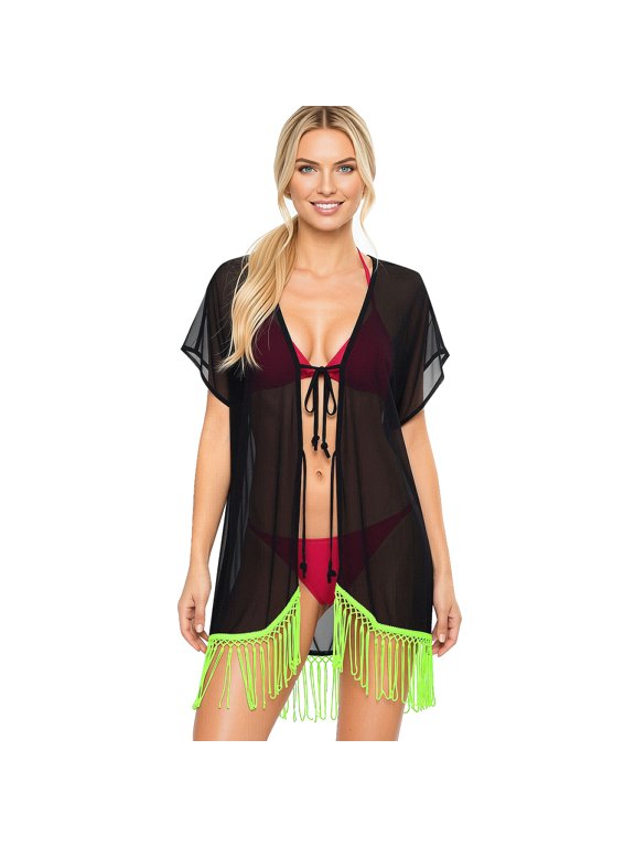 Women's Chiffon Summer Beach Open Front Maternity Beachwear Duster Kimono Cardigan XL-XXL Lime Fringes_AB744