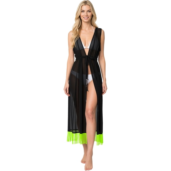 HAPPY BAY Women's Chiffon Summer Beach Open Front Oversized Beachwear Duster Kimono Cardigan M-L Jet Black_AB876