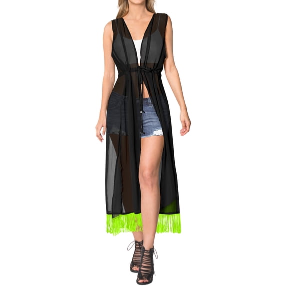 HAPPY BAY Women's Chiffon Summer Beach Open Front Oversized Beachwear Duster Kimono Cardigan M-L Jet Black_AB876