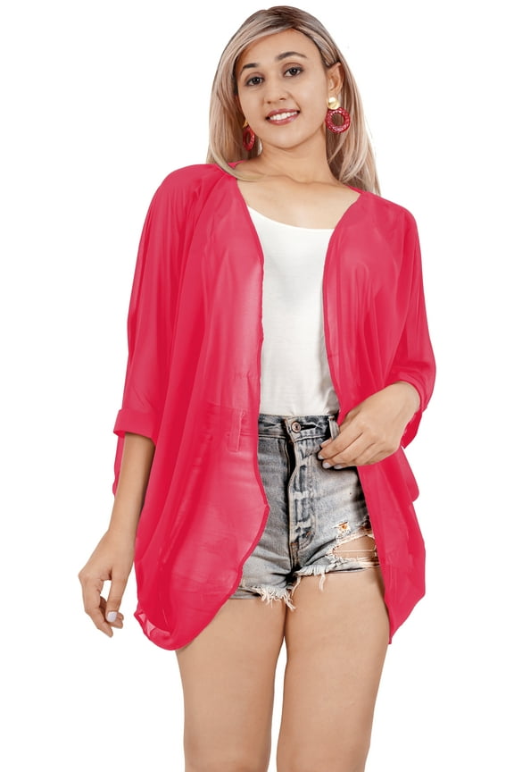 Women's Chiffon Summer Beach Open Front Vintage Kimono Beachwear Duster Cardigans for Women L Solid, Pink