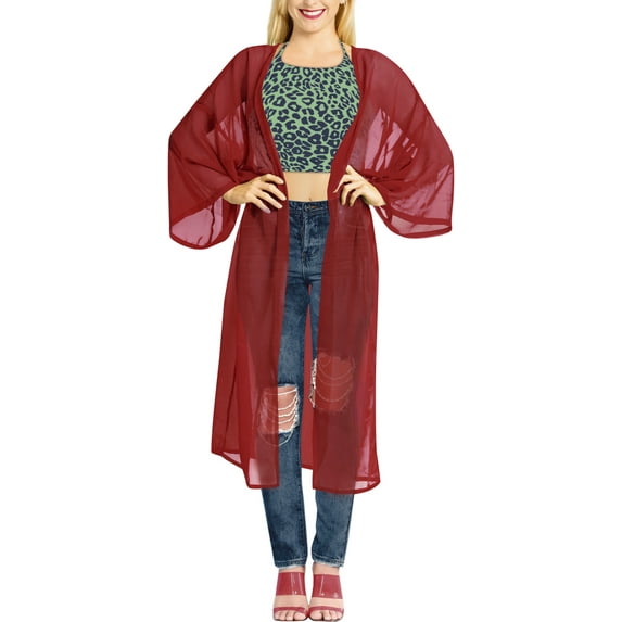 HAPPY BAY Women's Chiffon Summer Open Front Chunky Beach Beachwear Duster Kimono Cardigan for Women 1X-2X Red_AB905