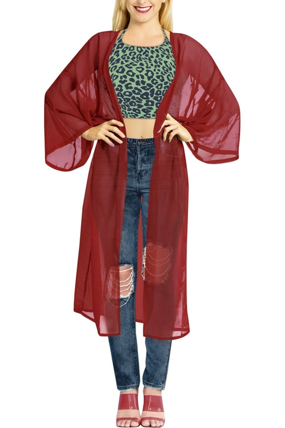 Women's Chiffon Summer Open Front Chunky Beach Beachwear Duster Kimono Cardigan for Women 1X-2X Red_AB905
