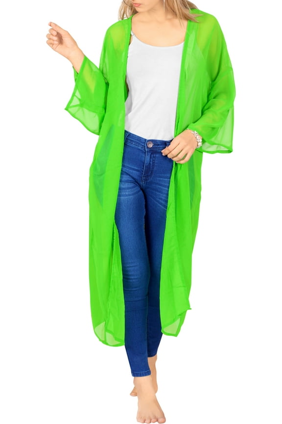 Women's Chiffon Summer Open Front Chunky Beach Beachwear Duster Kimono Cardigan for Women 1X-2X Shamrock Green_AB908