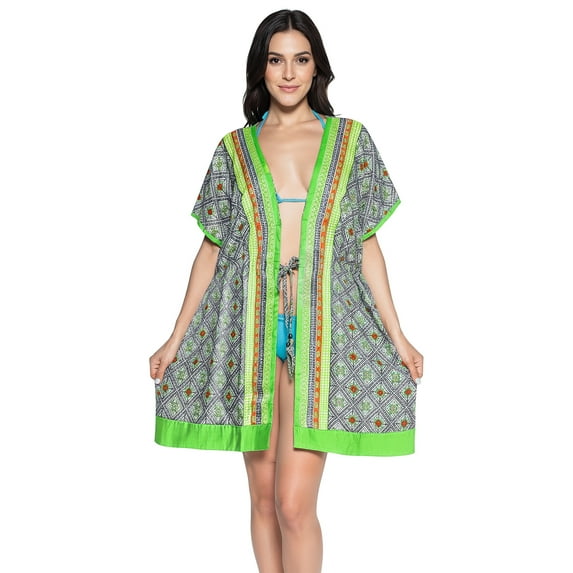 HAPPY BAY Women's Cotton Summer Front Open Soft Beach Beachwear Duster Kimono Cardigan for Women 2X-3X Shamrock Forest_AB978