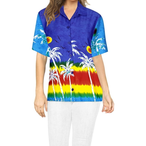 HAPPY BAY Women's Dressy Summer Elegant Blouses Button Down Vacation Short Sleeve Hawaiian Shirt Ladies Bohemian Tops For Women XL Palm View, Blue