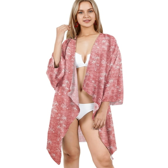 HAPPY BAY Women's Duster Front Open Cardigans Vintage Kimono L-XL Pink, Palm Tree