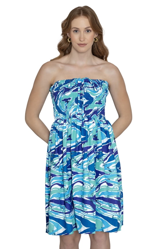 Women's Evening Boho Strapless Dresses for Women Flowy Beach Swing Tube Top Smocked Mini Dress One Size Stripes, Blue