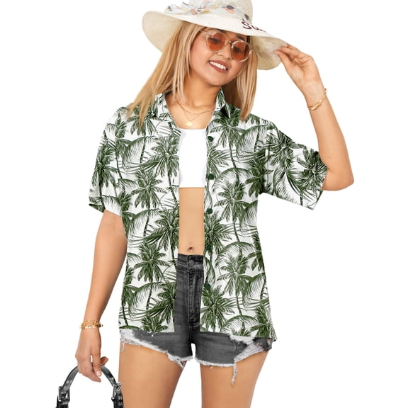 HAPPY BAY Women's Floral Beach Hawaiian Blouse Shirt T-Shirt Blouses Short Sleeve Button Up Dress Tee Shirts Tops for Women L Palm Tree, Grey