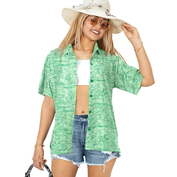HAPPY BAY Women's Floral Beach Hawaiian Blouse Shirt T-Shirt Blouses Short Sleeve Button Up Dress Tee Shirts Tops for Women M Palm Tree, Green