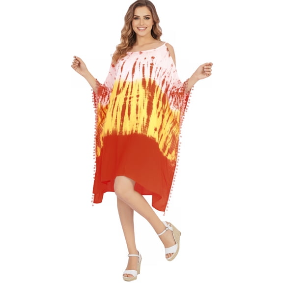 HAPPY BAY Women's Flowy Swimwear Cover Ups Sleeveless Beach Tunic 1X-2X Tangerine, Tie Dye