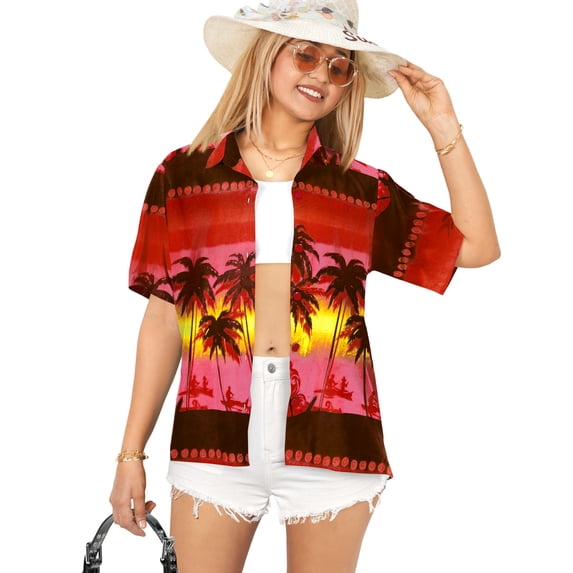 HAPPY BAY Women's Funky Vacation Beach Blouse Short Sleeve Tops Tropical Hawaiian Shirts for Women L Red, Monochromatic Palm