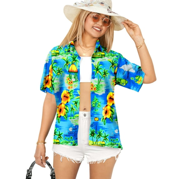 HAPPY BAY Women's Halloween Pirate Skull Shirts for Women Button Down Short Sleeve Vintage Tops Blouse Shirt XL plus-size Turquoise, Ocean Chart